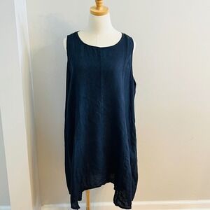 Nina Kendosa Paris Navy Blue 100% Linen Sleeveless Sharkbite Hem Dress Italy